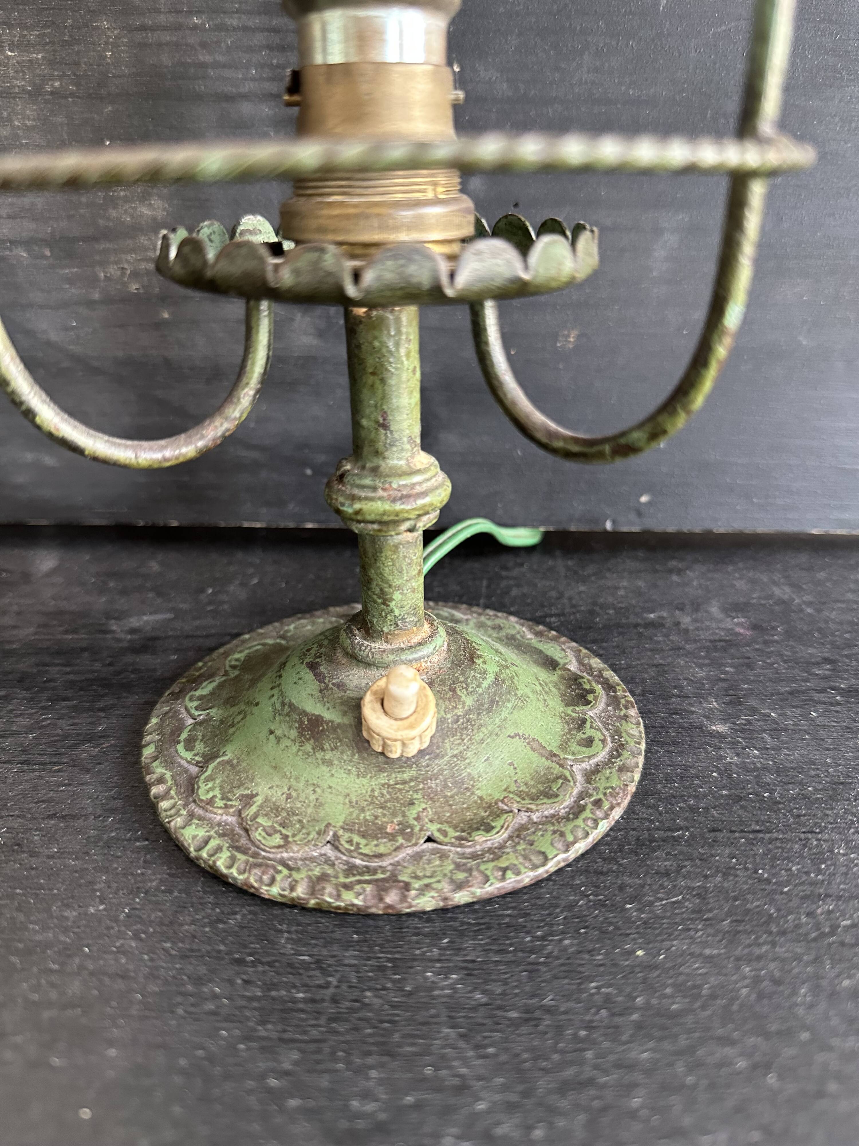 Antique patinated green metal lamp, Art Nouveau style, early 20th century.