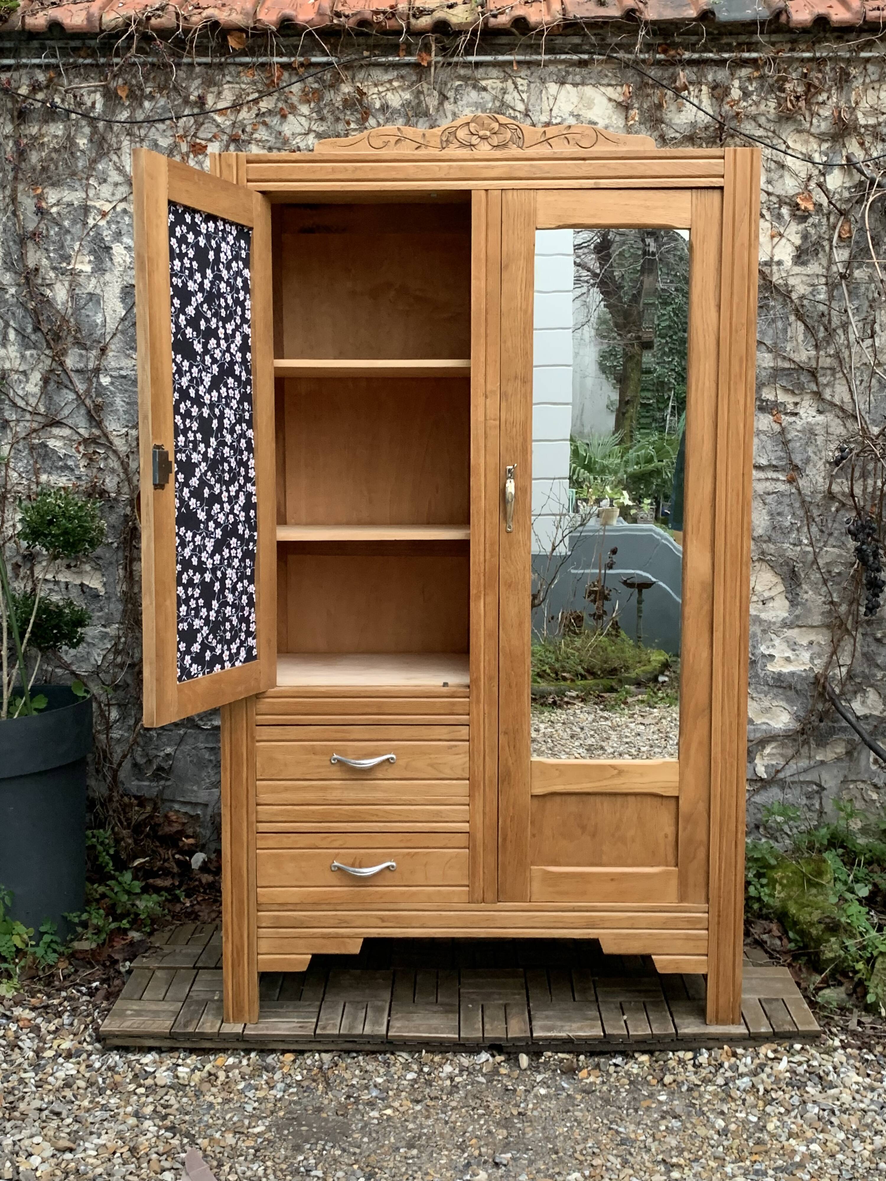 Parisian art deco hotel wardrobe in solid raw oak 1930