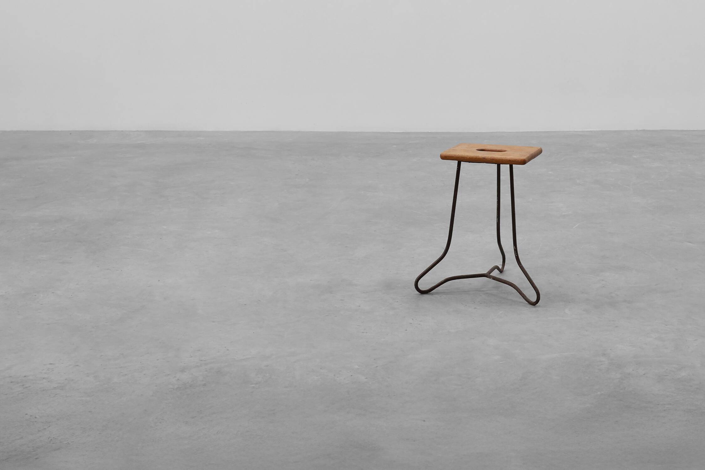 Modernist Industrial Iron and Oak Split Slats Stool, France ca. 1910