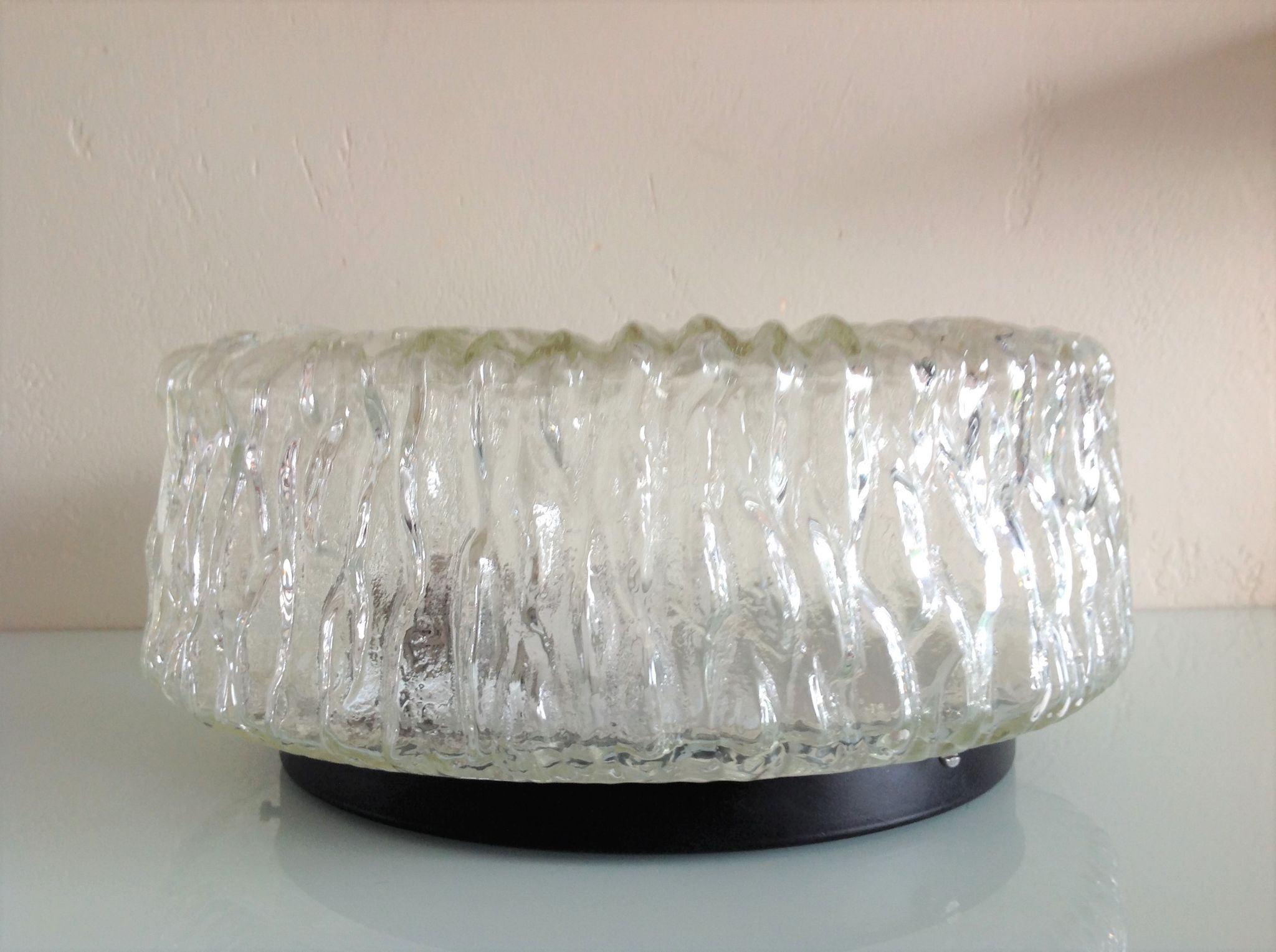 Round ice glass ceiling lamp, vintage 60s-70s