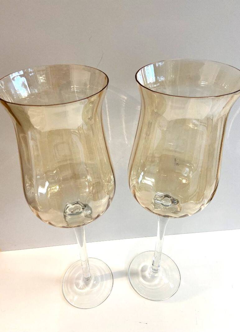 Duo of Tealight Holders Vases Candle Holders on Stand Blown Crystal Glass Amber