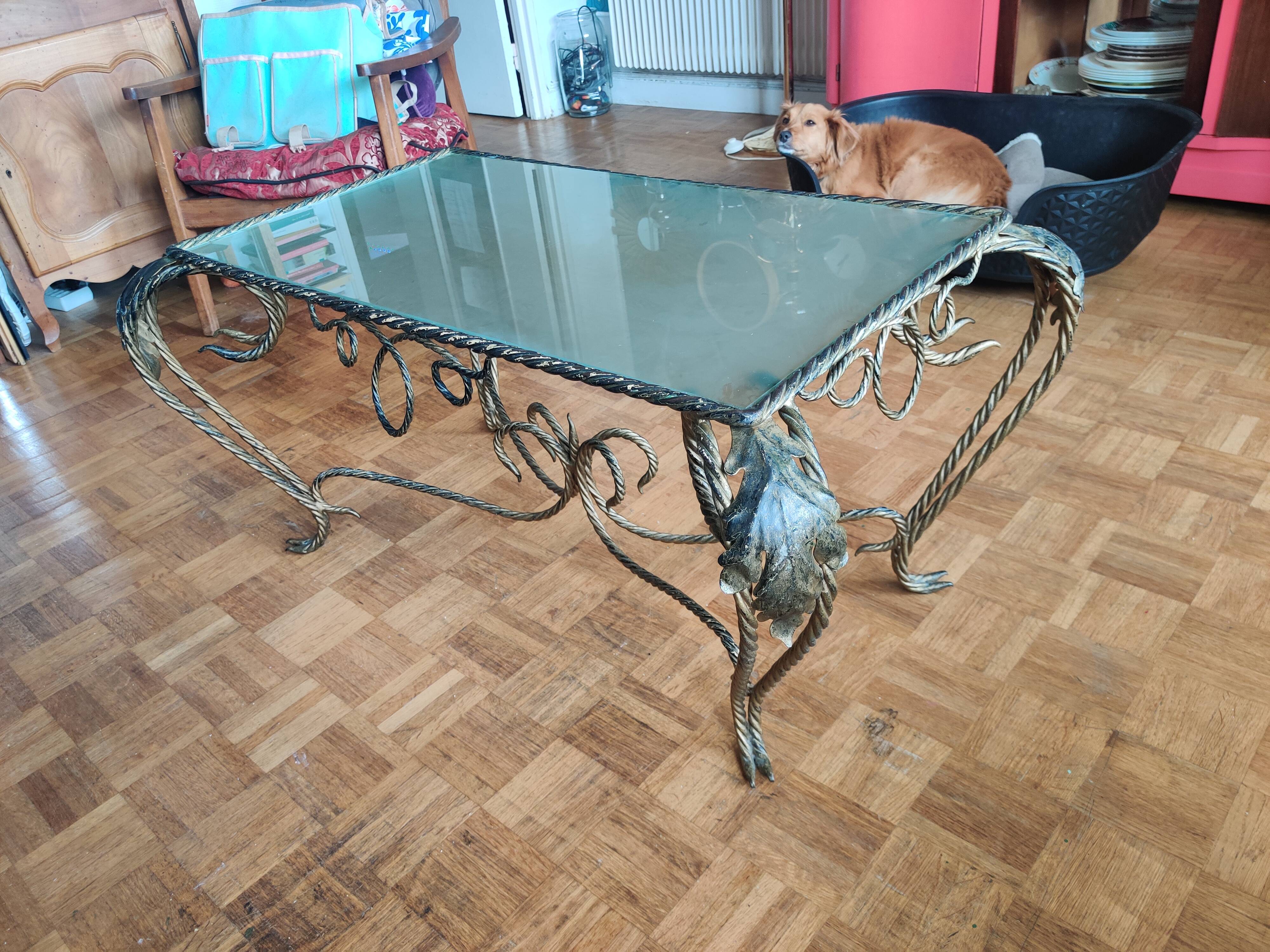 Vintage rectangular coffee table in turned wrought iron, golden patina