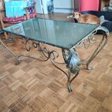 Vintage rectangular coffee table in turned wrought iron, bronze patina