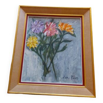 Peinture à l'huile signée années 60'S , bouquet de fleurs