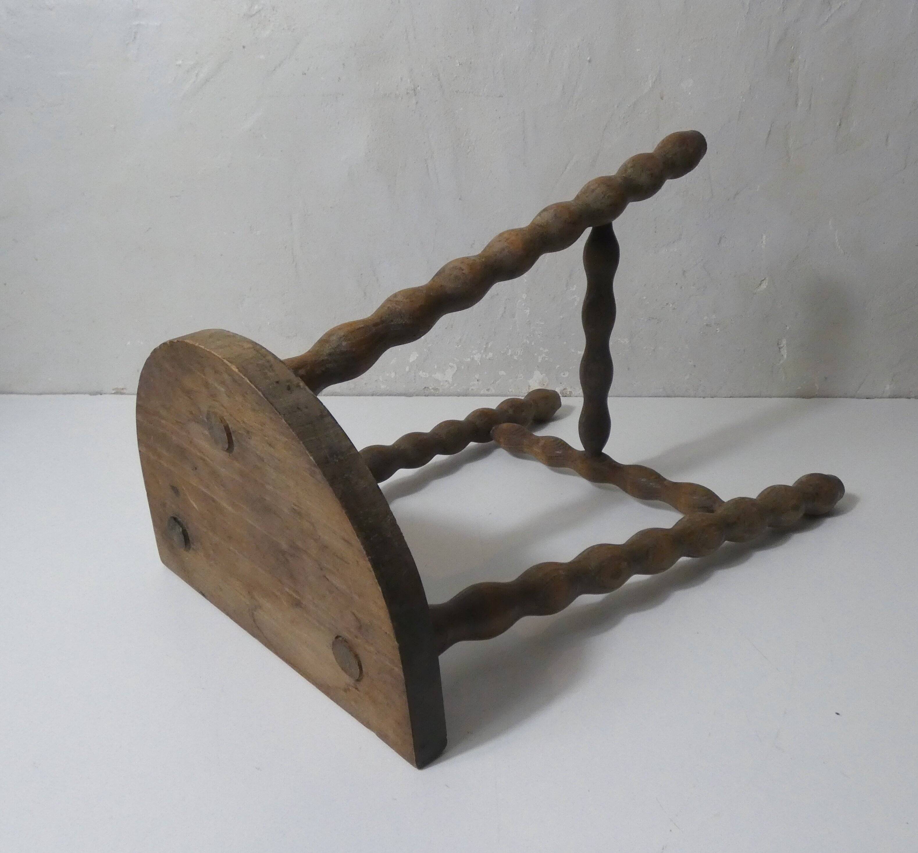 vintage half-moon tripod stool in turned solid wood with beaded edges