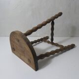 vintage half-moon tripod stool in turned solid wood with beaded edges