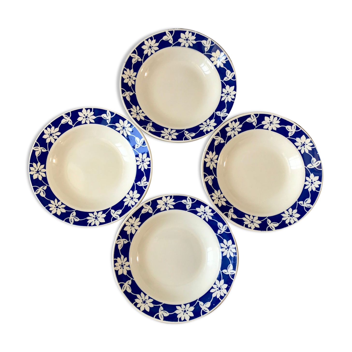 Set of 4 hollow plates Badonviller blue klein 30s