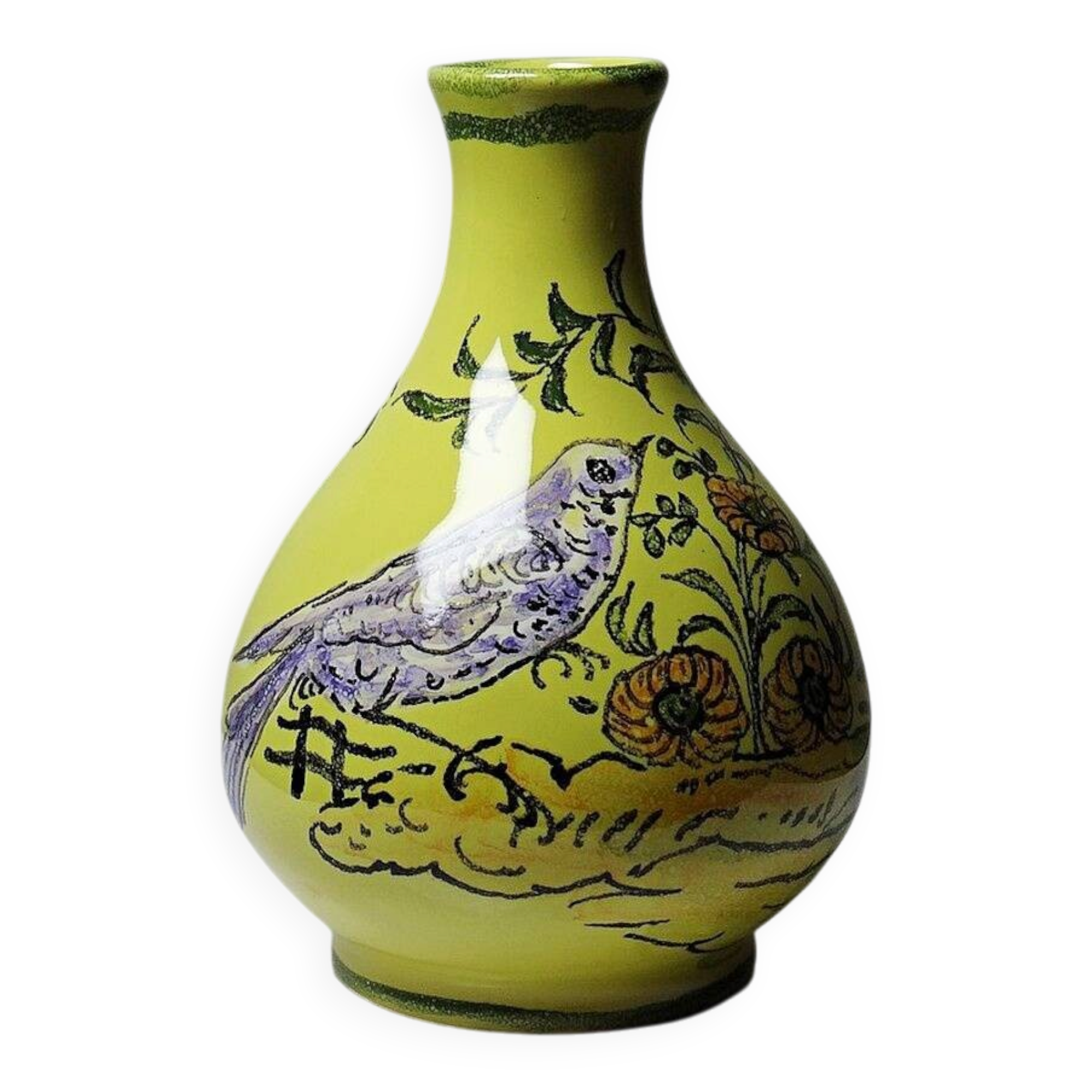 Small ceramic vase signed Henri Siffre Montpellier, bird decoration, 1950s-60s.