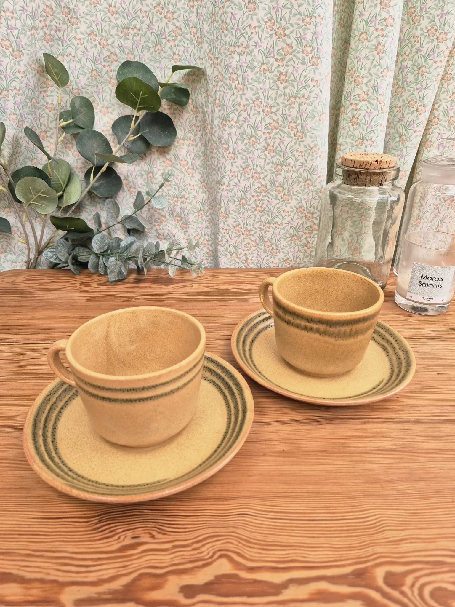 Two vintage Sarreguemines stoneware breakfast cups.