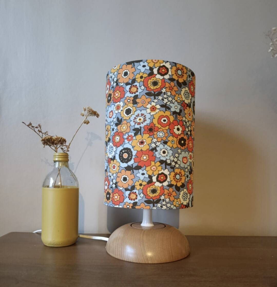 vintage light wood lamp, flower power lampshade