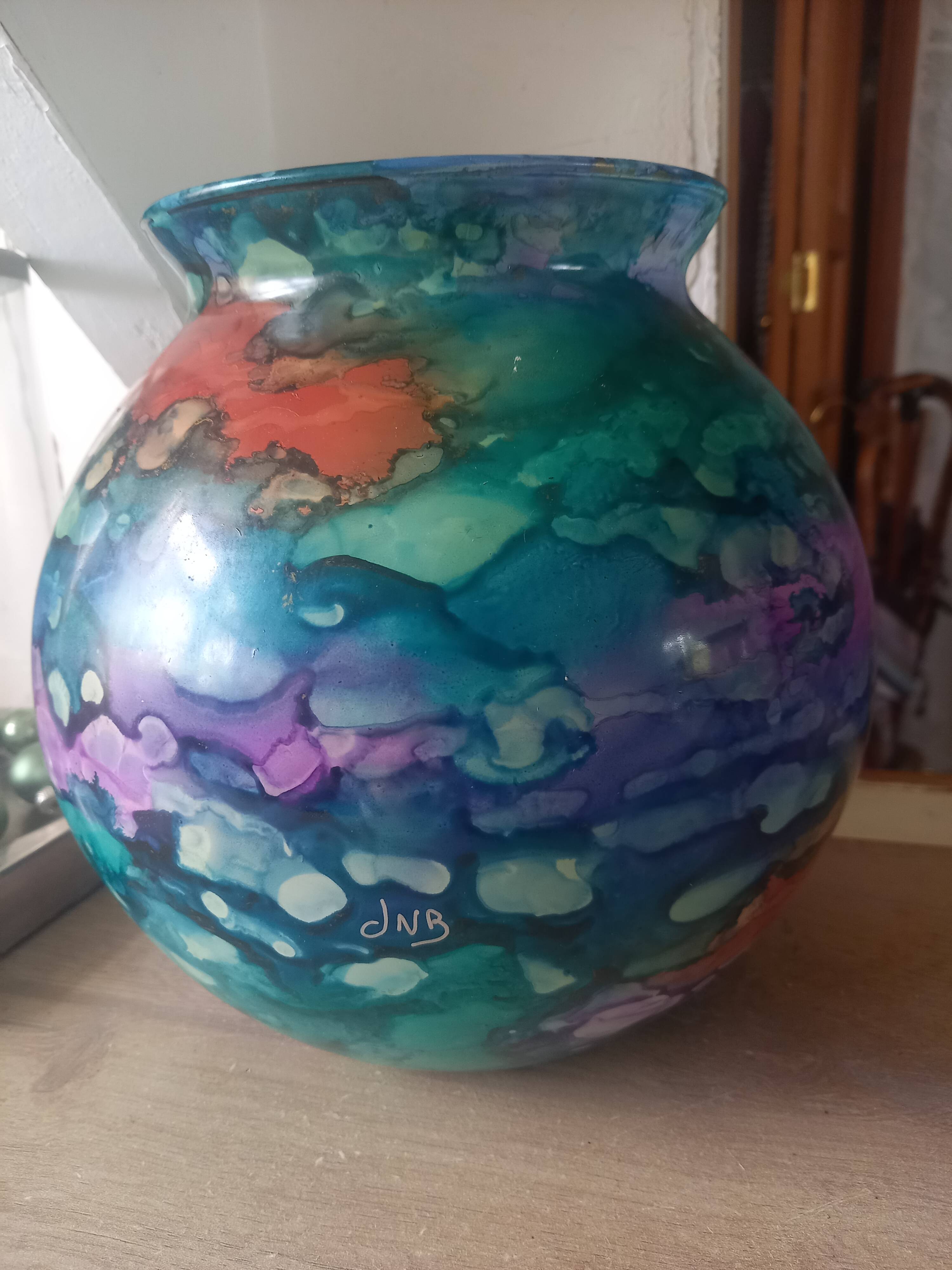 Large lacquered glass ball vase signed Jean-Noël Bouillet