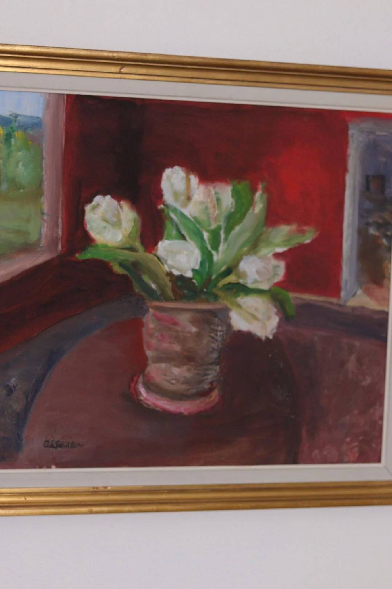Huile sur toile originale suédoise – « Roses blanches » par Aina Schiller, Arvika