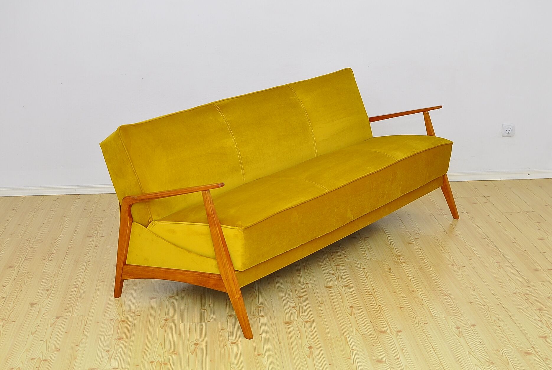 Mid-century Velvet and Cherry Wood Sofa Daybed, 1960s