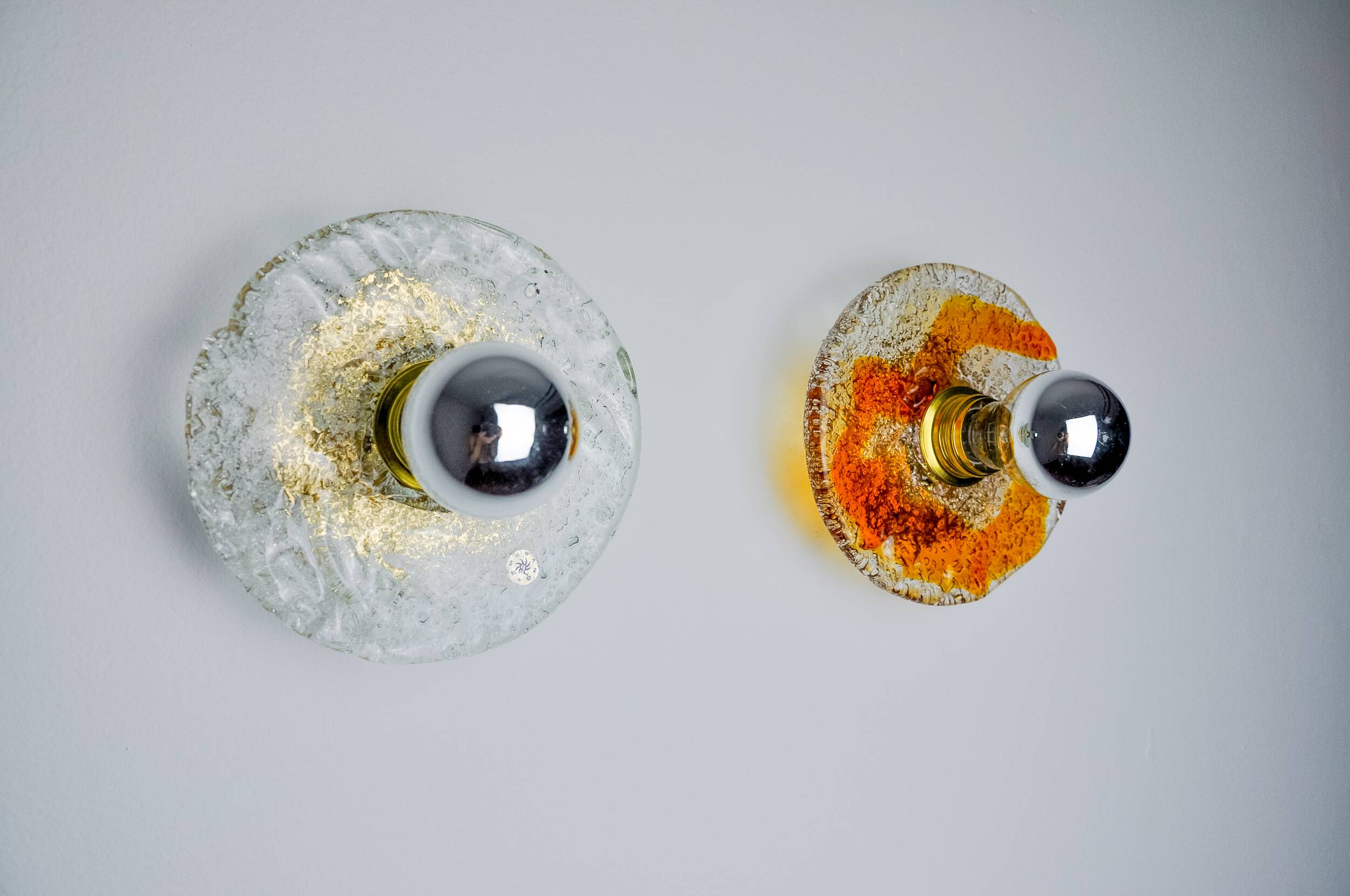 Pair of round wall lights by Murano Mazzega in frosted glass, Italy, 1970