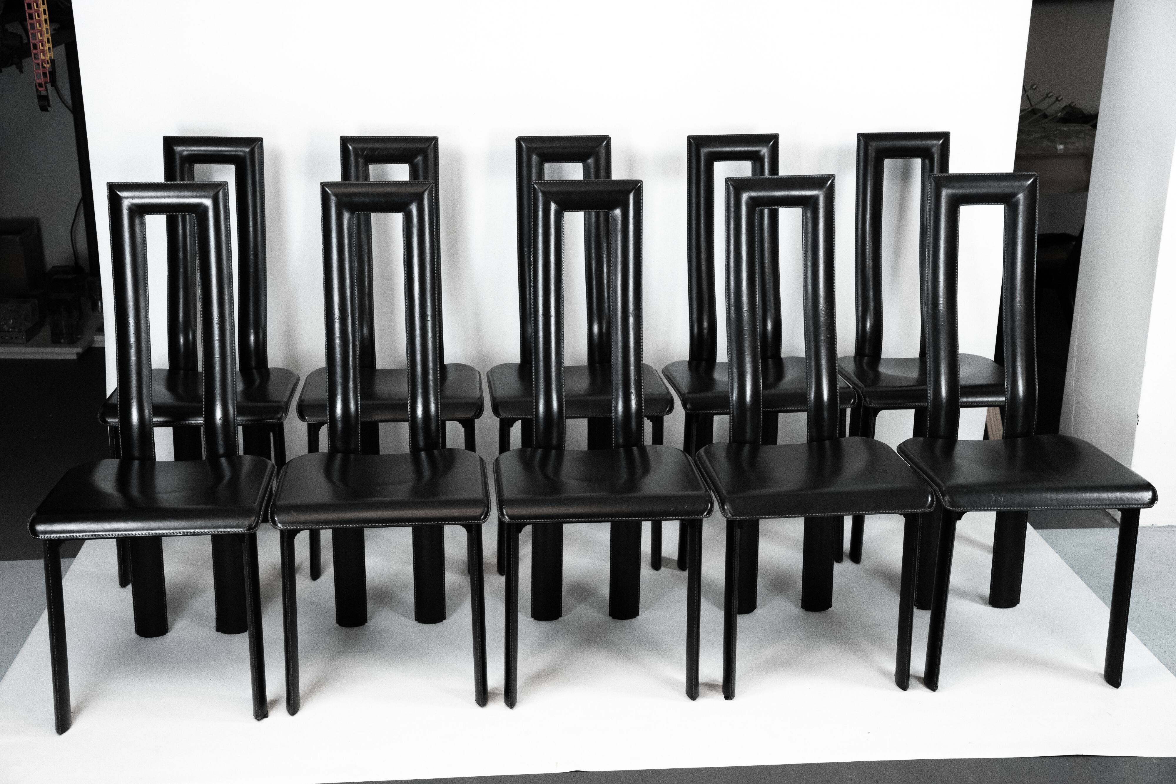 Postmodern Set of ten leather dining chairs by Antonello Mosca for Ycami. I