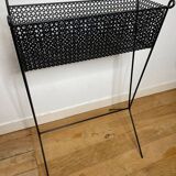 1950s black perforated metal planter in the style of Mathieu MATEGOT