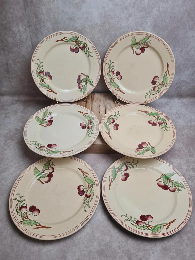 Set of 6 flat plates Boch La Louvière Belgium model 2460 with polychrome cherry decoration.