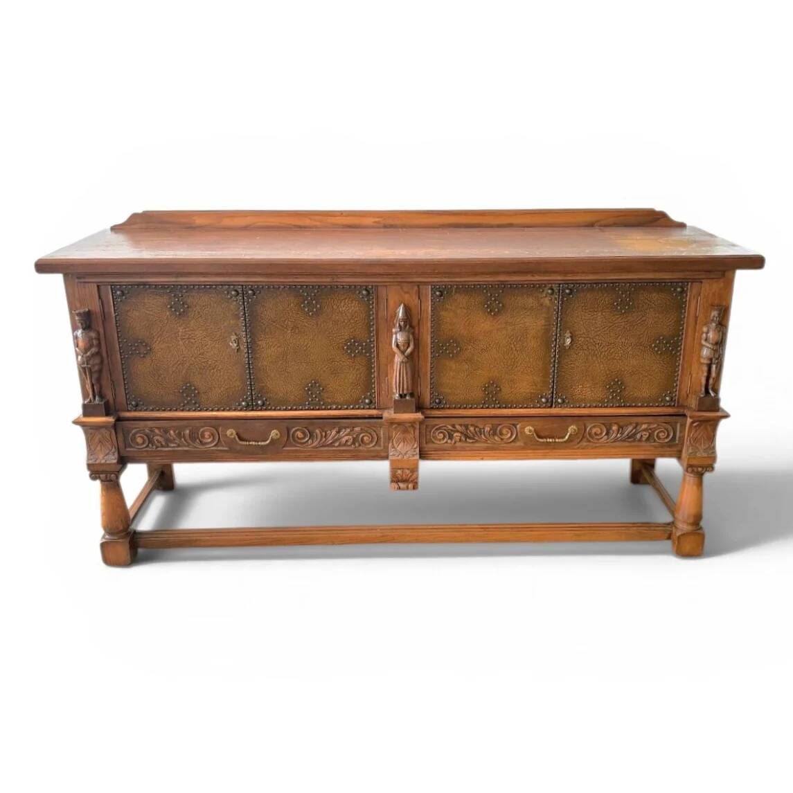 Mechelen Spanish sculptured sideboard / leather covered panels with decorated nails / 1960s