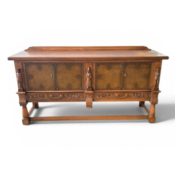 Meuble de rangement espagnol de Mechelen / panneaux recouverts de cuir avec clous décorés / années 1960