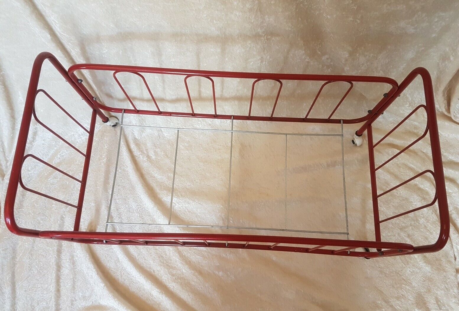 Vintage doll bed large model in red lacquered metal and matching mattress