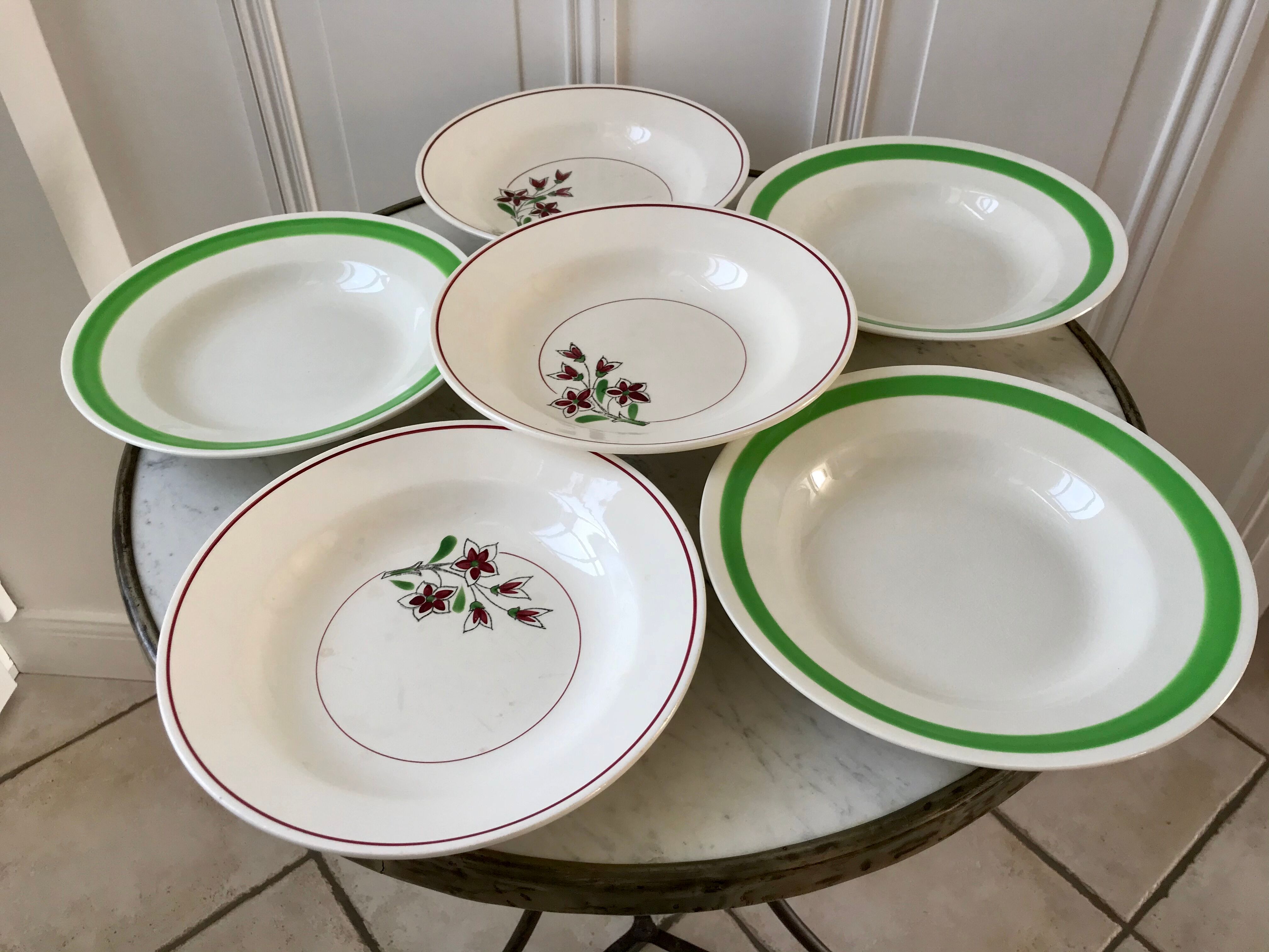 Set of 6 green and pink hollow plates Salins and Niderviller 40s