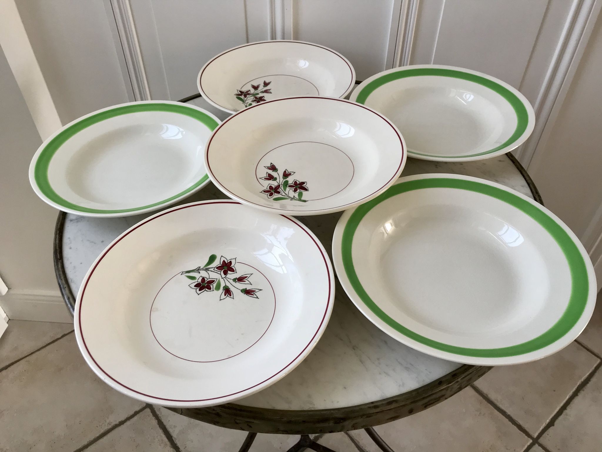 Set of 6 green and pink hollow plates Salins and Niderviller 40s