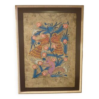Painting / Watercolor on support type parchment-papyrus framed under glass / Art Decoration