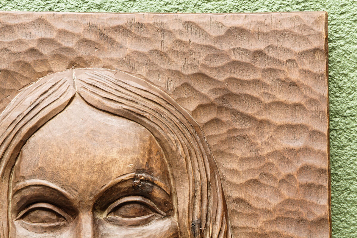 Modernist bas-relief, Virgin and Child, carved wood, signed