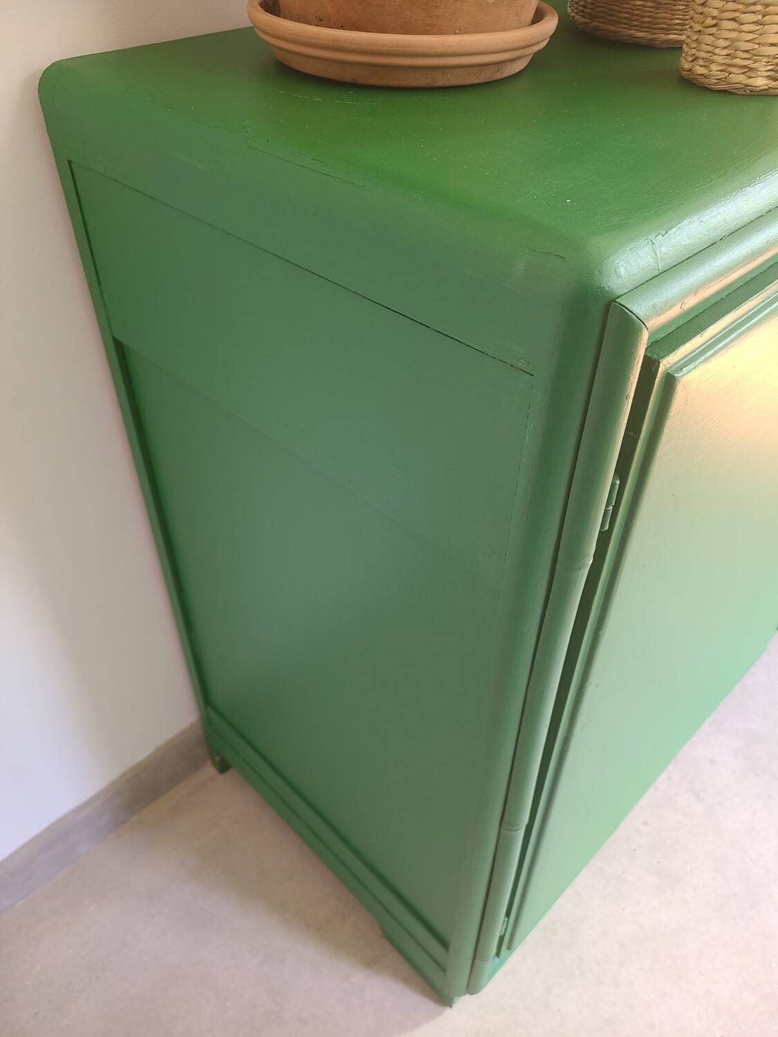 Old sideboard buffet Green wood and bamboo vintage storage unit