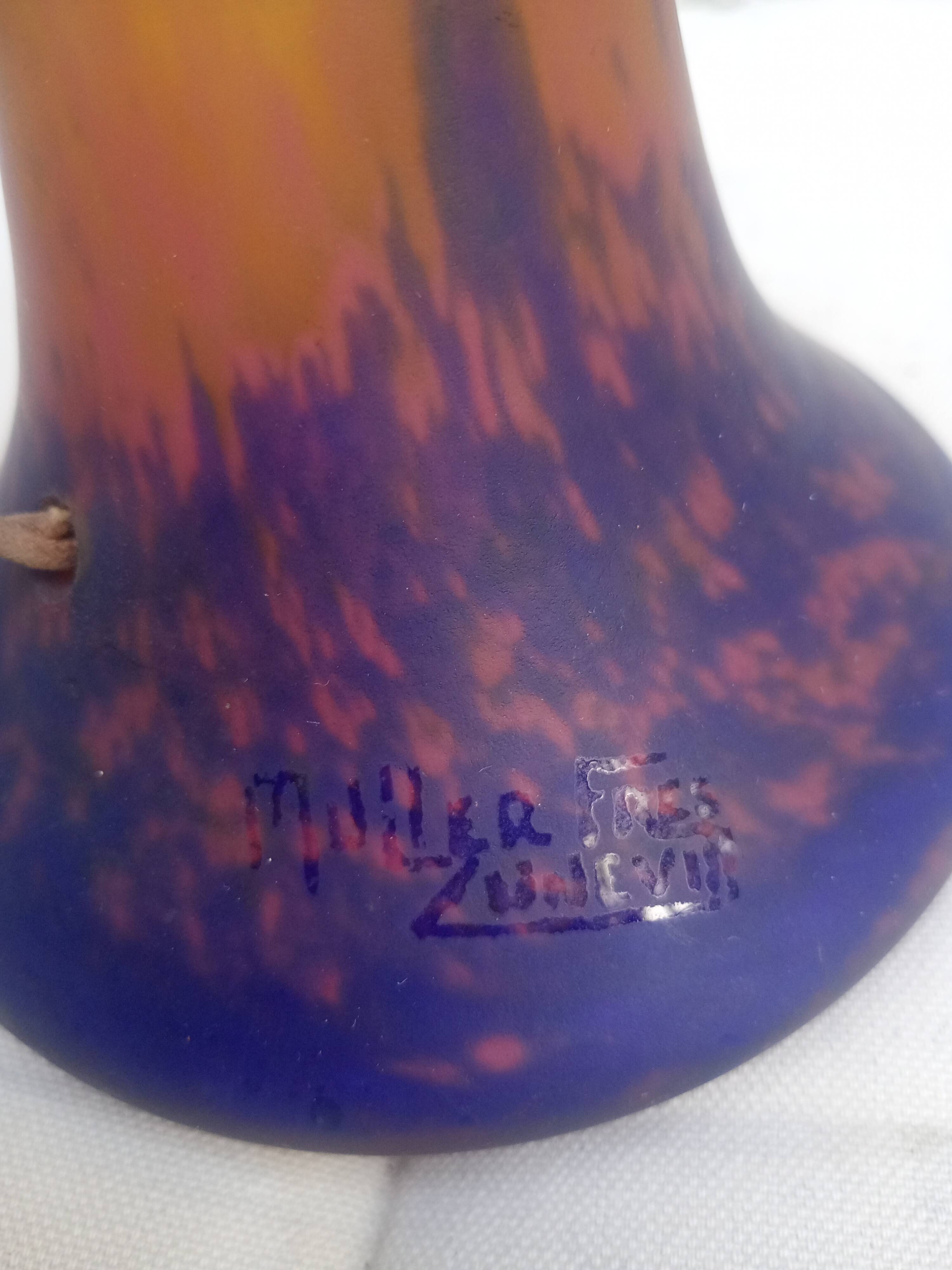 Müller Frères - Pied de Lampe verre marmoréen orange bleu & fer forgé