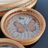 Tray Set and 5 Butterfly Aperitif Coasters - Bamboo and Rattan - Vintage