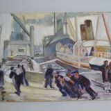 The port, the docks, unloading, dockers, painting signed 20th century HSP