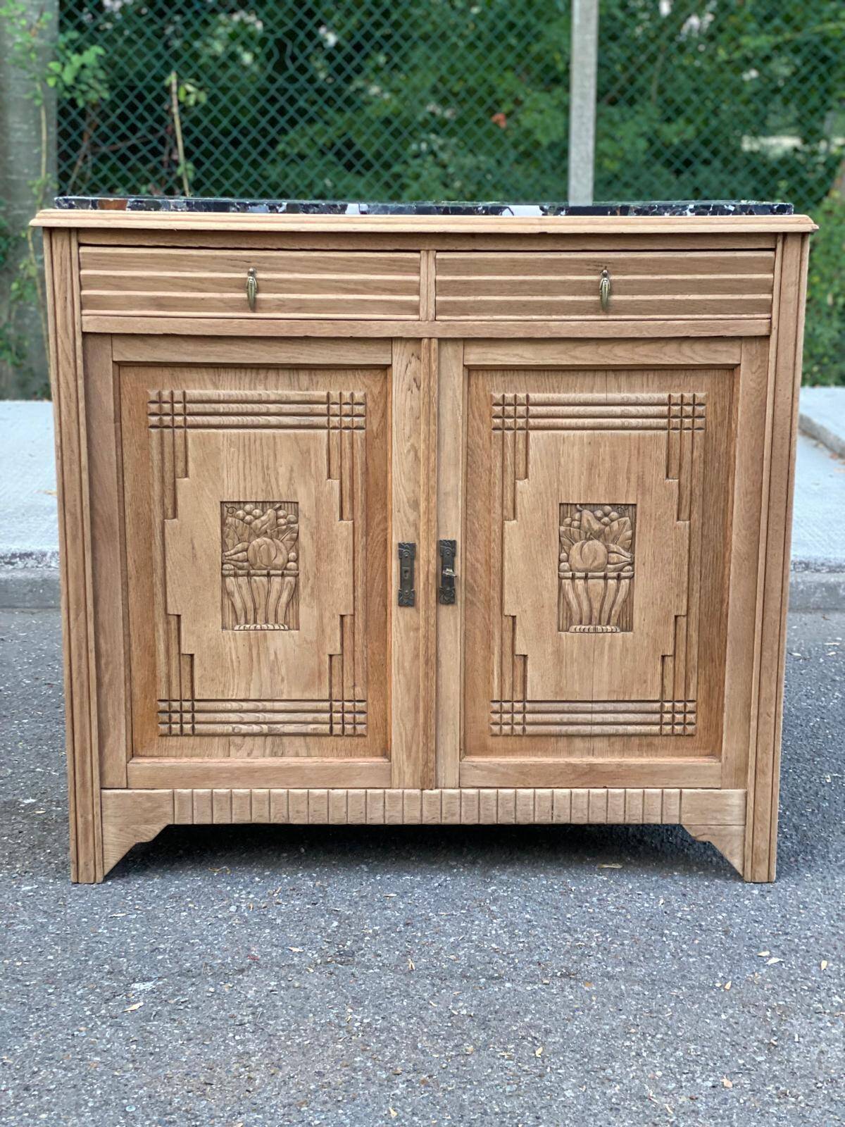Parisian buffet in Art Deco style, renovated in raw solid oak and terrazzo marble 193.