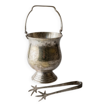 Vintage 1930s silver-plated ice bucket, decorative pattern, with claw-shaped tongs.