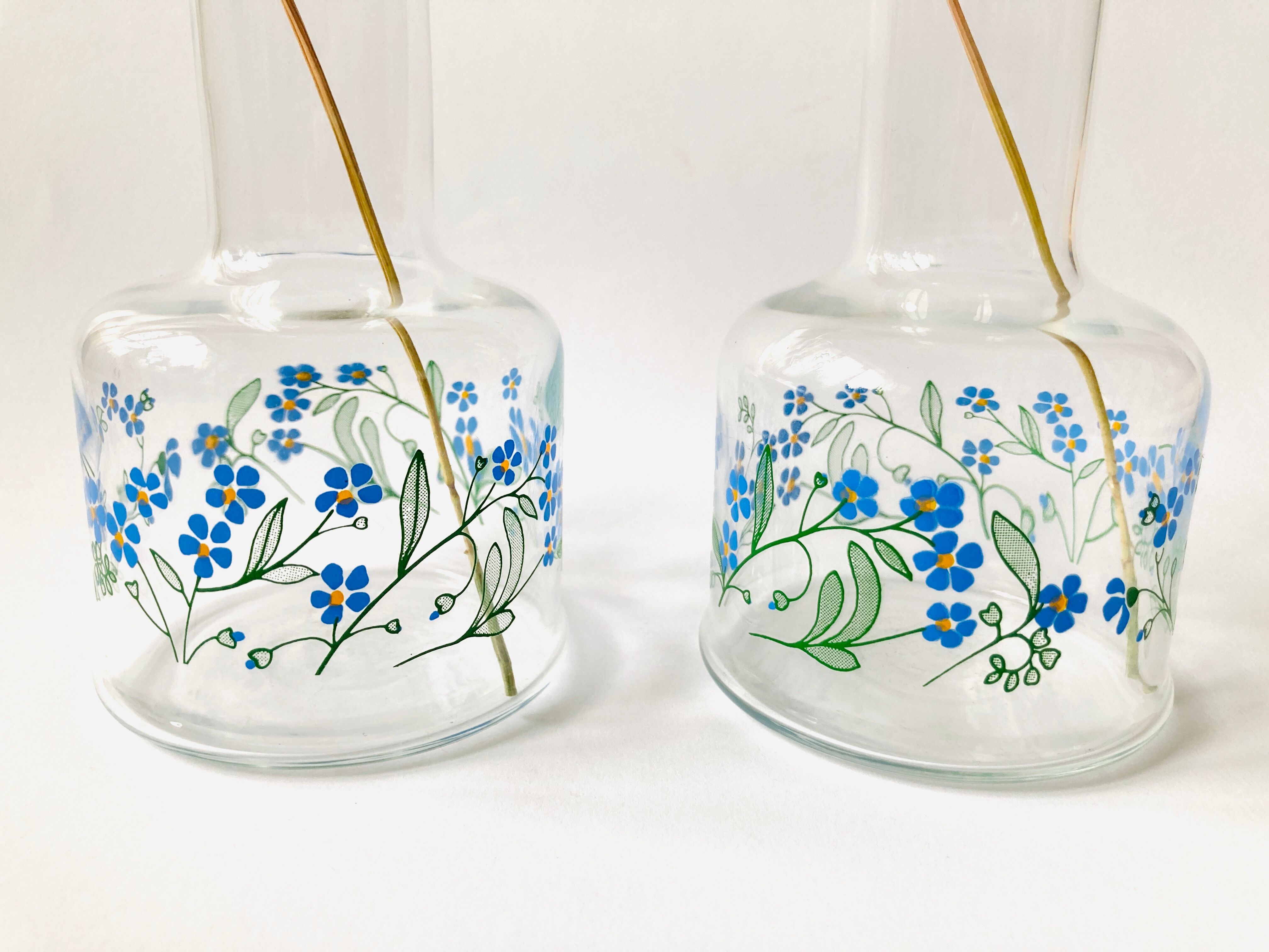 X2 vases -transparent glass vials forget-me-not pattern - retro- vintage -deco