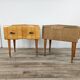 Mid-century nightstands in maple, brass, and glass