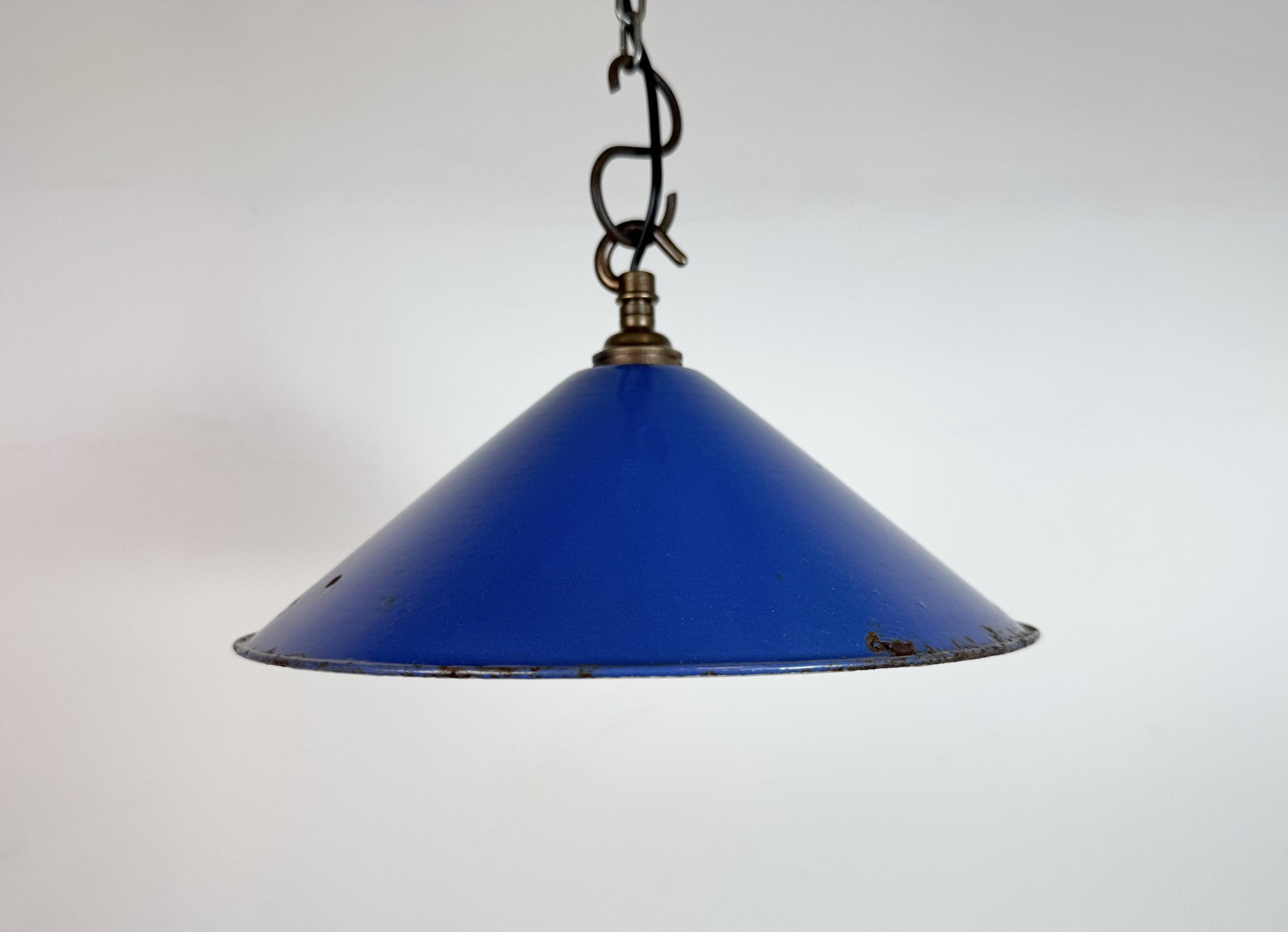 Industrial Blue Enamel Factory Pendant Lamp, 1950s