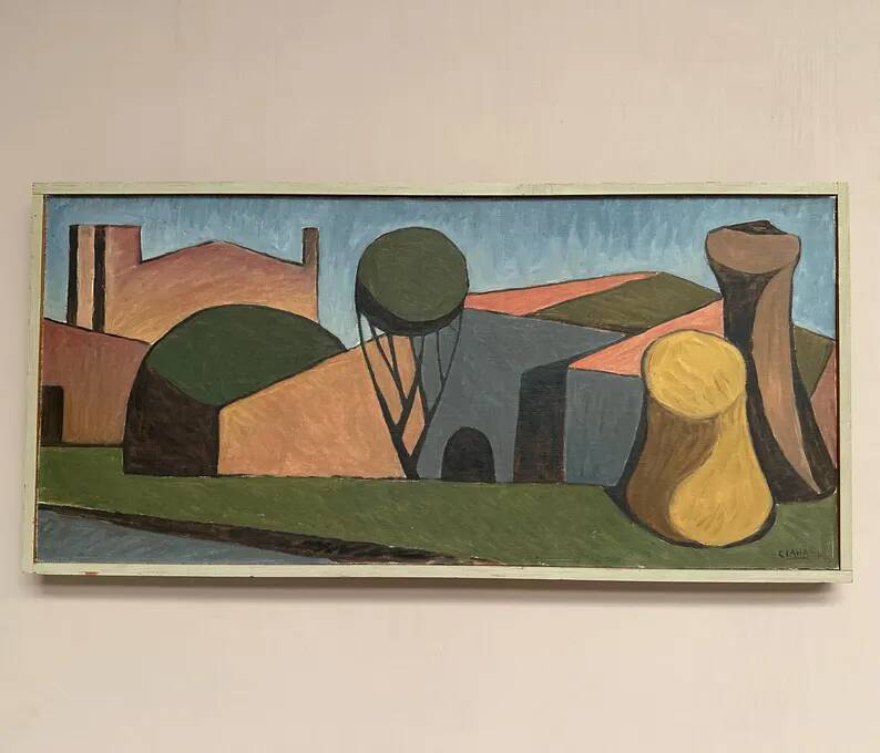 Large Original Swedish Oil on Canvas – "Spansk By" by Emil Clahr (1905–1983) – Signed – 1961 – Vintage & Framed