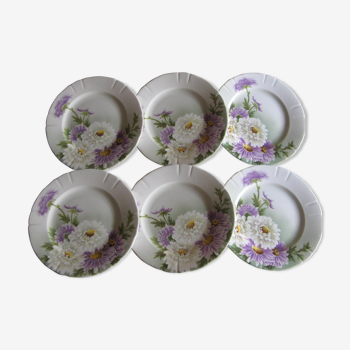 6 assiettes plates faïence Lunéville décor Reine Margueritte Type Lachenal 1900