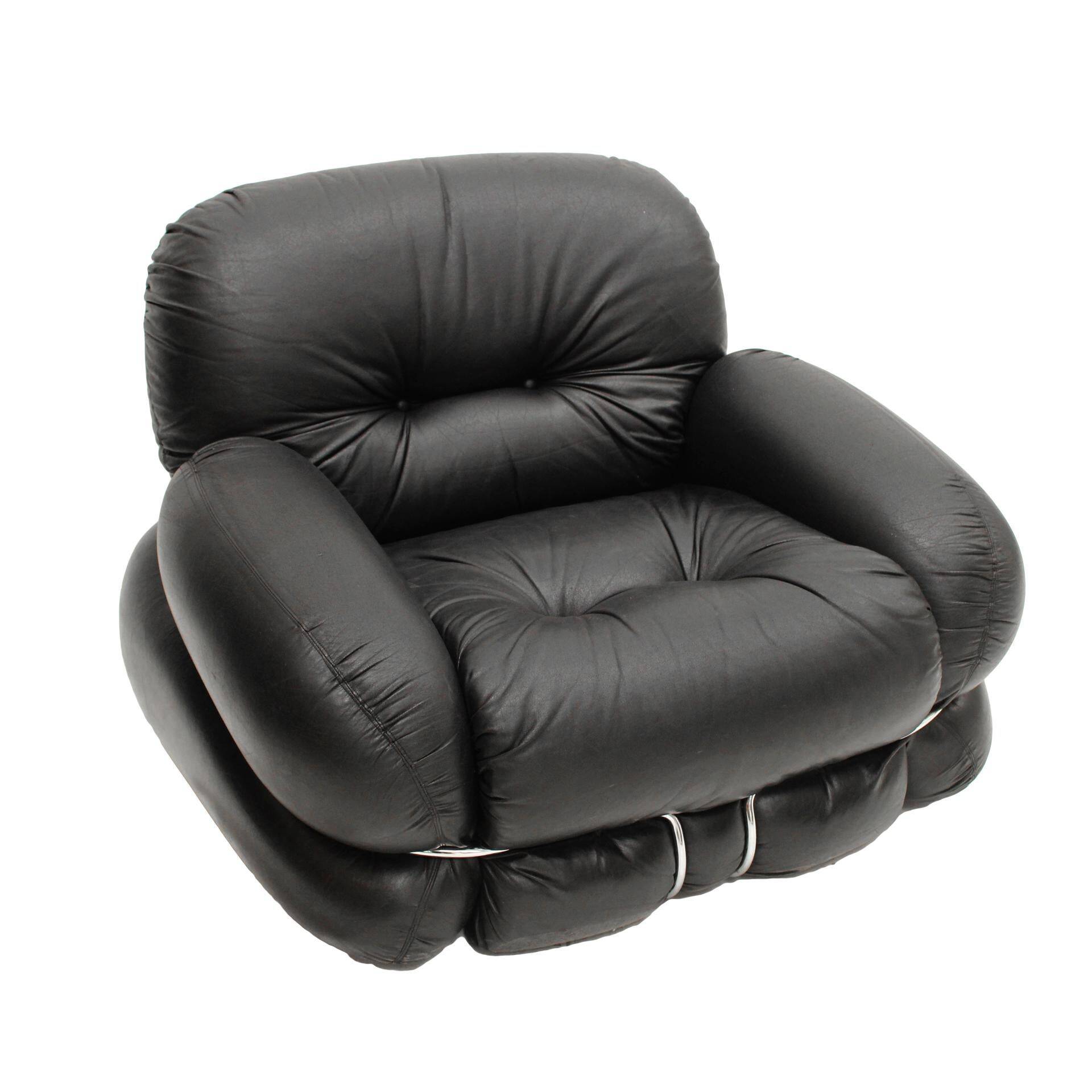 Italian Pair Of Armchairs by Adriano Piazzesi Okay Black Leather and Steel