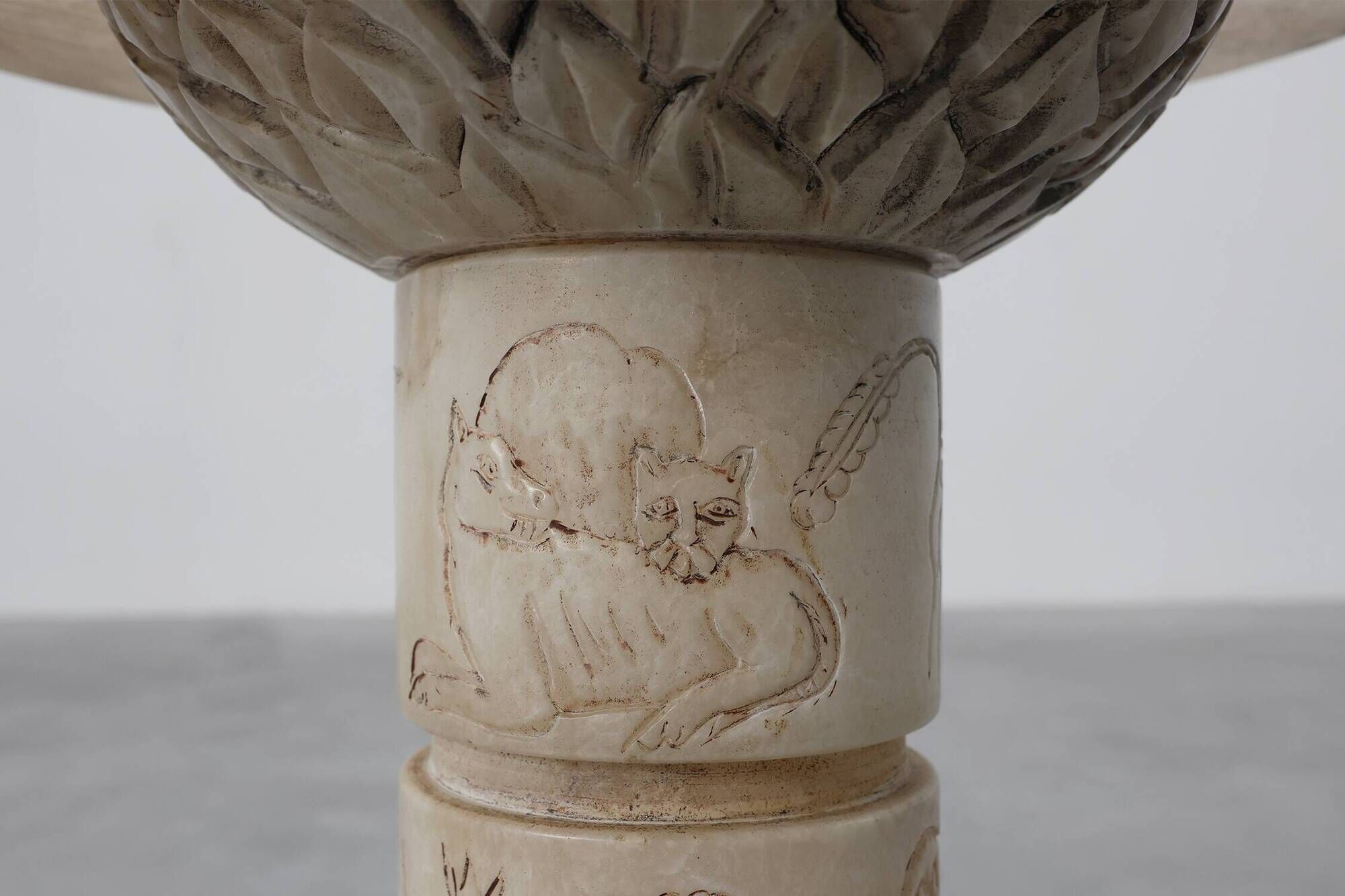 Carved alabaster pedestal with engraved figures, Italy ca. 1900