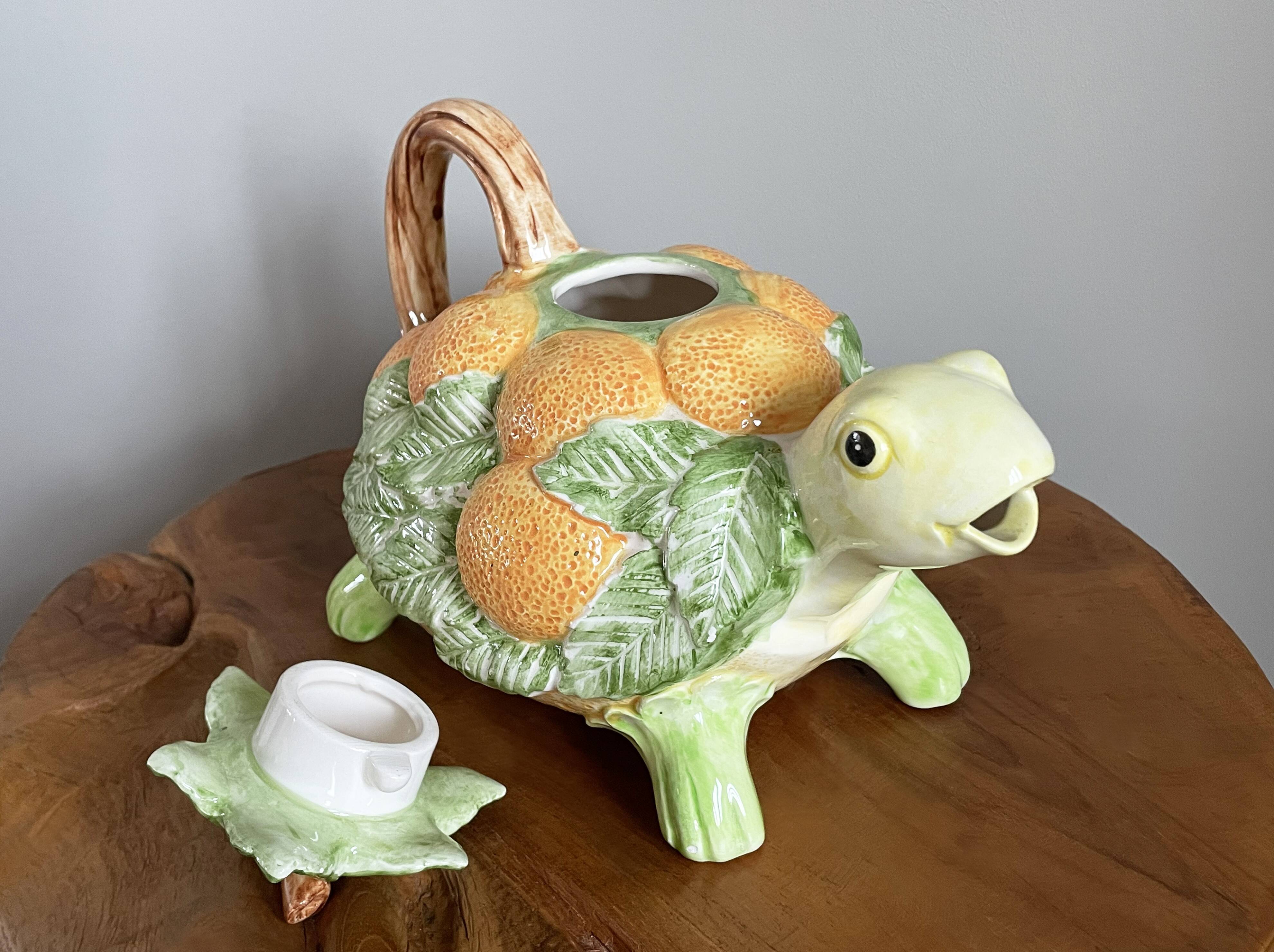 Fitz & Floyd ff1986 turtle jug or teapot with oranges and leaves, american majolica tableware