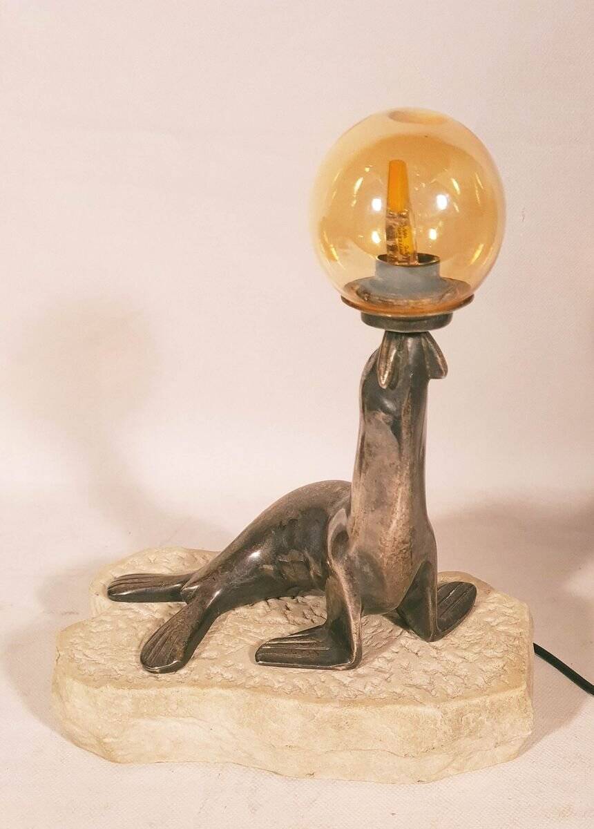 Art Deco "sea lion" lamp in silver-plated bronze