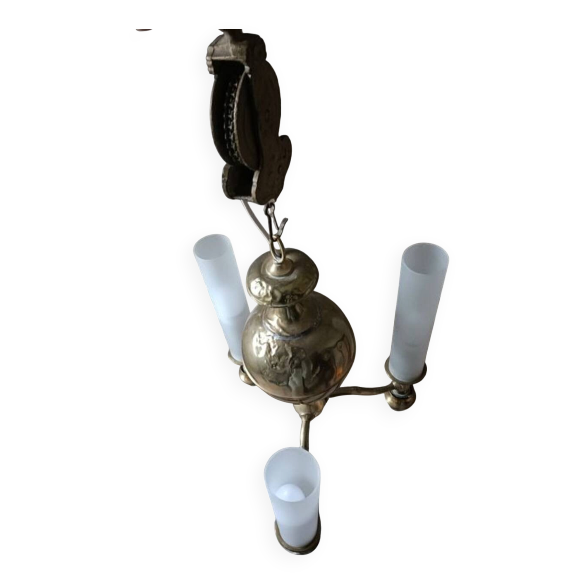 Brass chandelier with three flames.