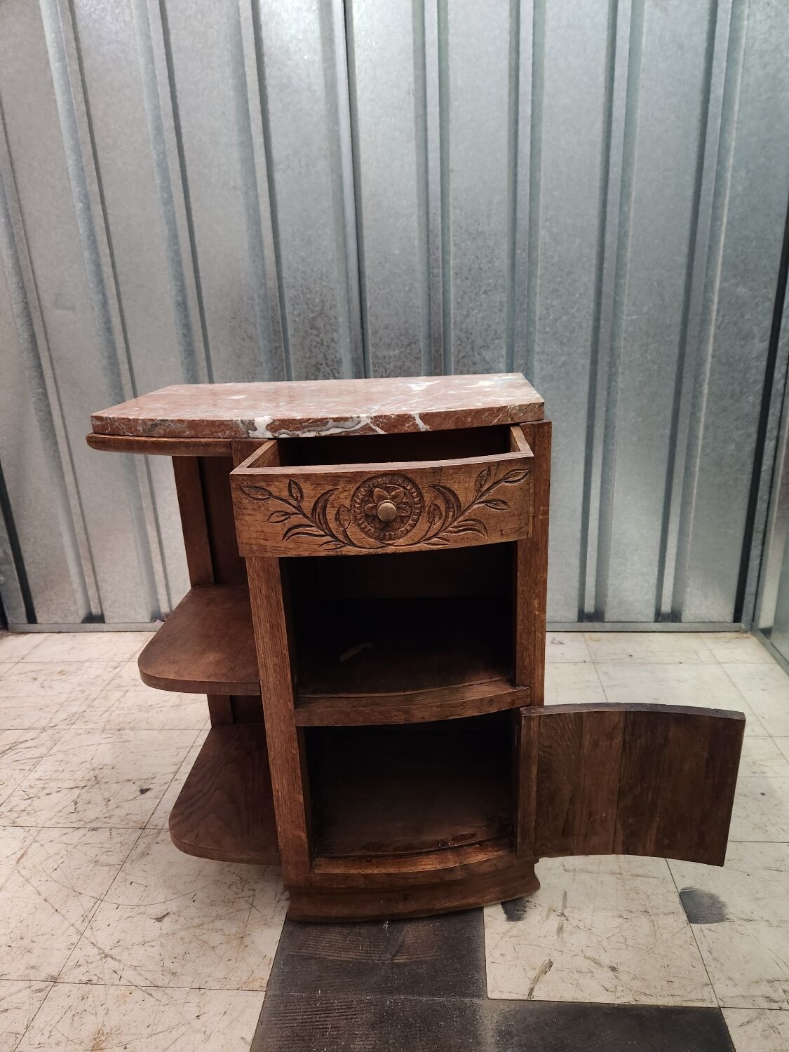 Old bedside table in wood and marble