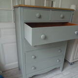 Vintage chest of drawers green gray, 5 drawers, wooden top.