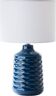 blue ceramic table lamp with white fabric shade