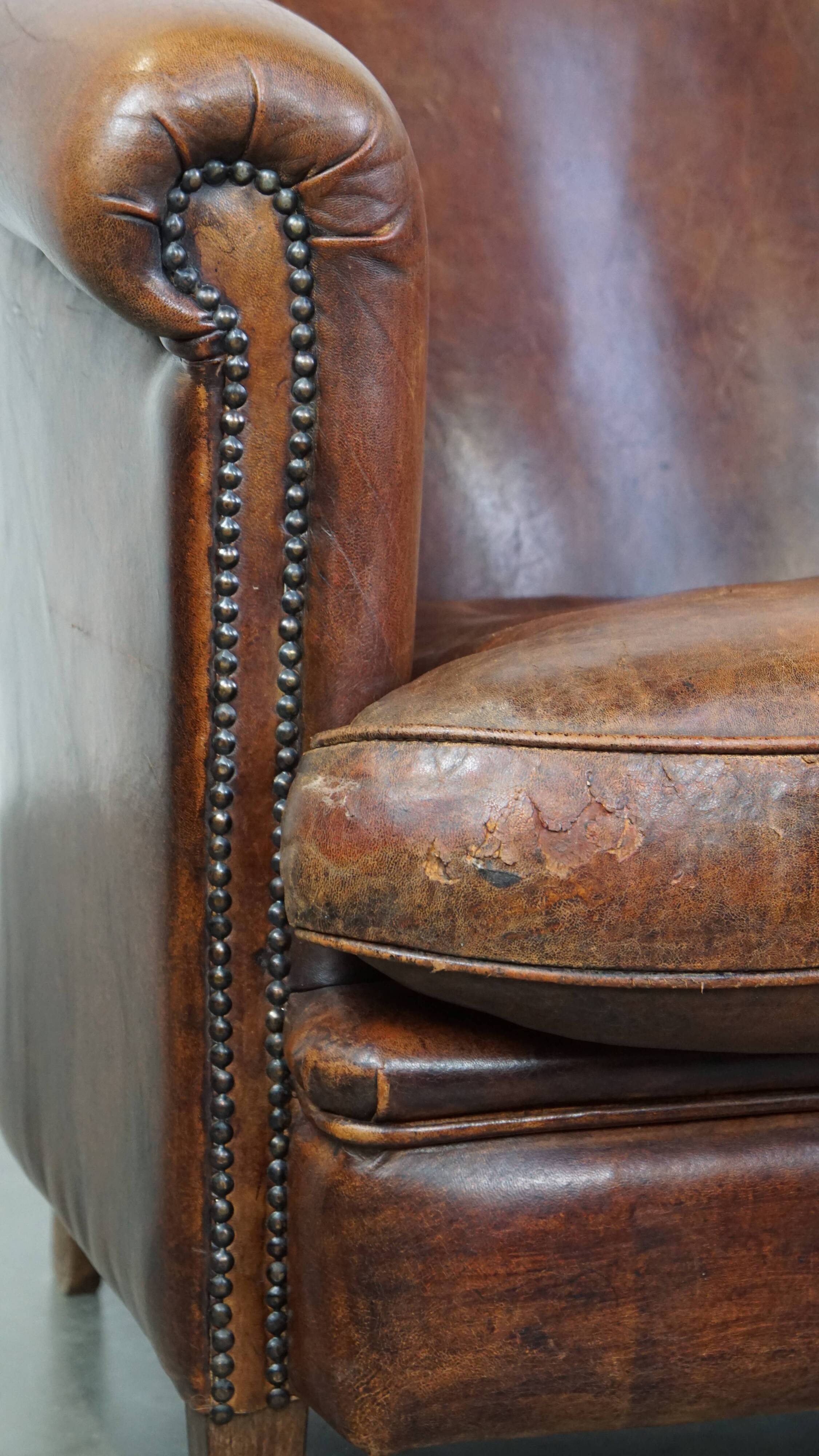 Cognac-colored sheepskin leather club chair