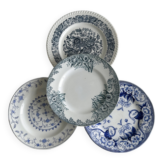 4 assiettes dépareillées anciennes bleues