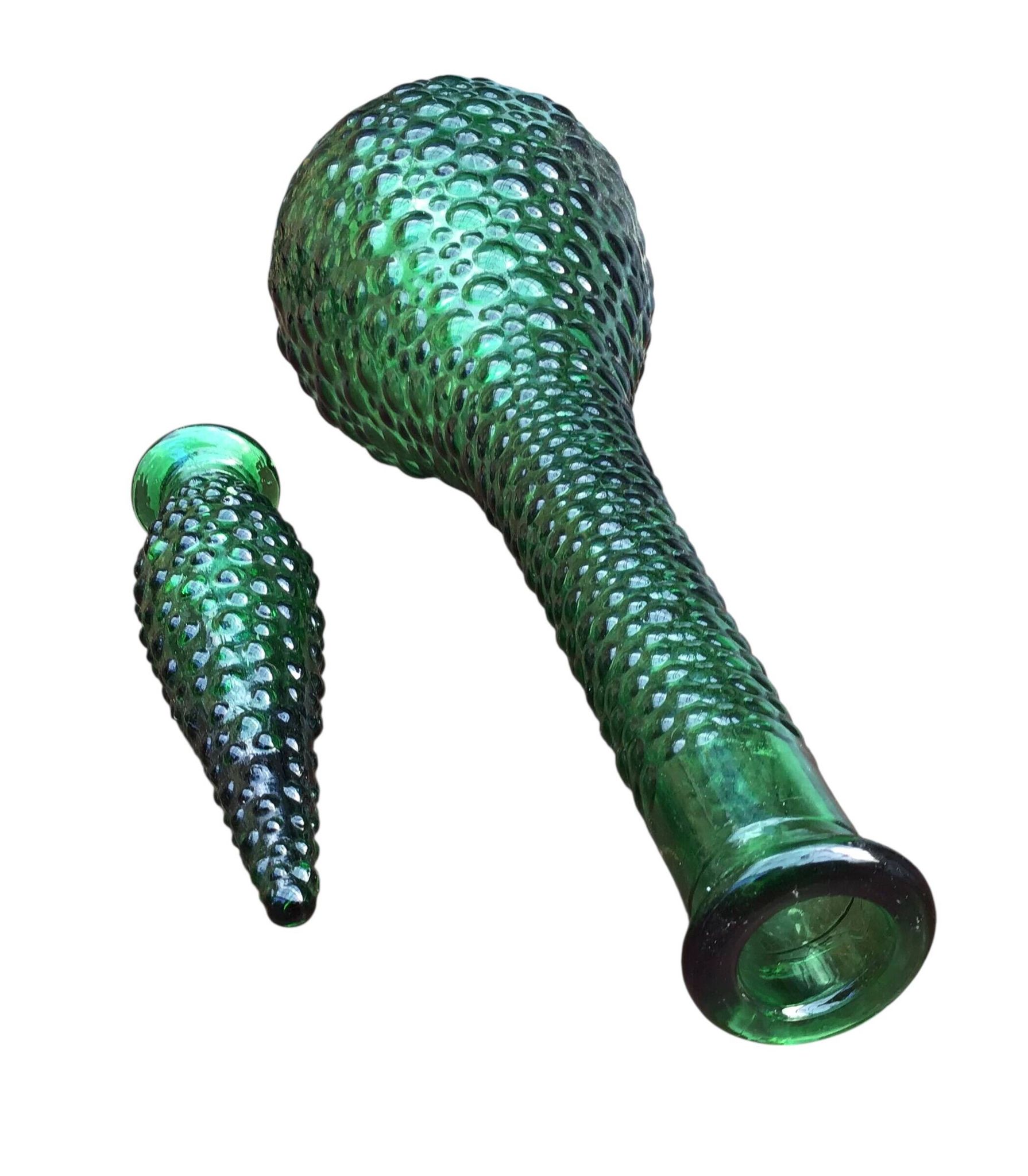 Large green Genie Empoli bubble glass bottle, Italy 1960s
